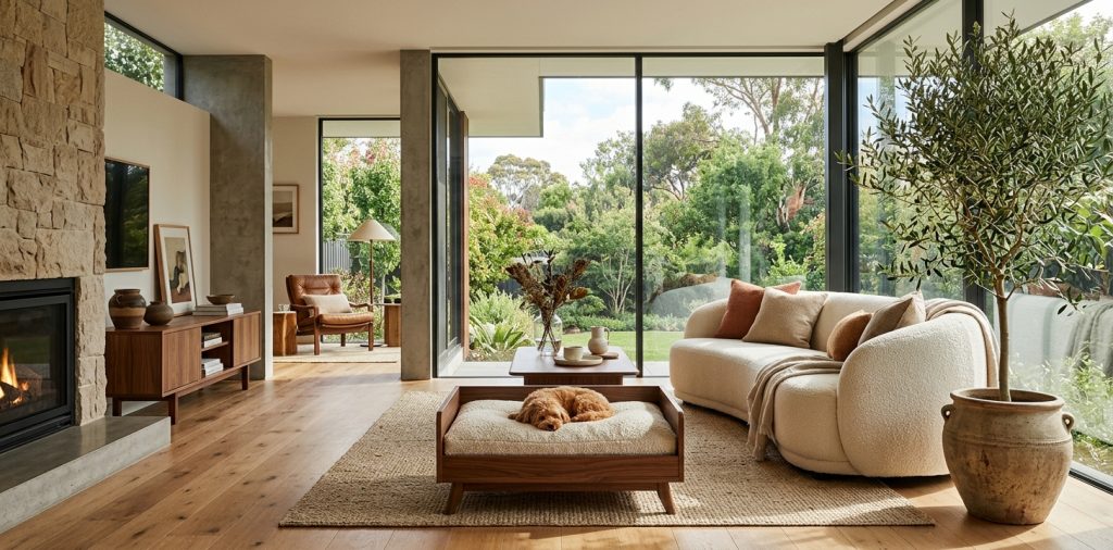 Elegant living room interior featuring a chic mid-century modern wooden pet bed blending seamlessly with neutral home decor.