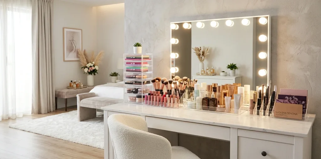 Modern dressing table featuring neat clear acrylic organizers filled with colorful makeup and cosmetics.