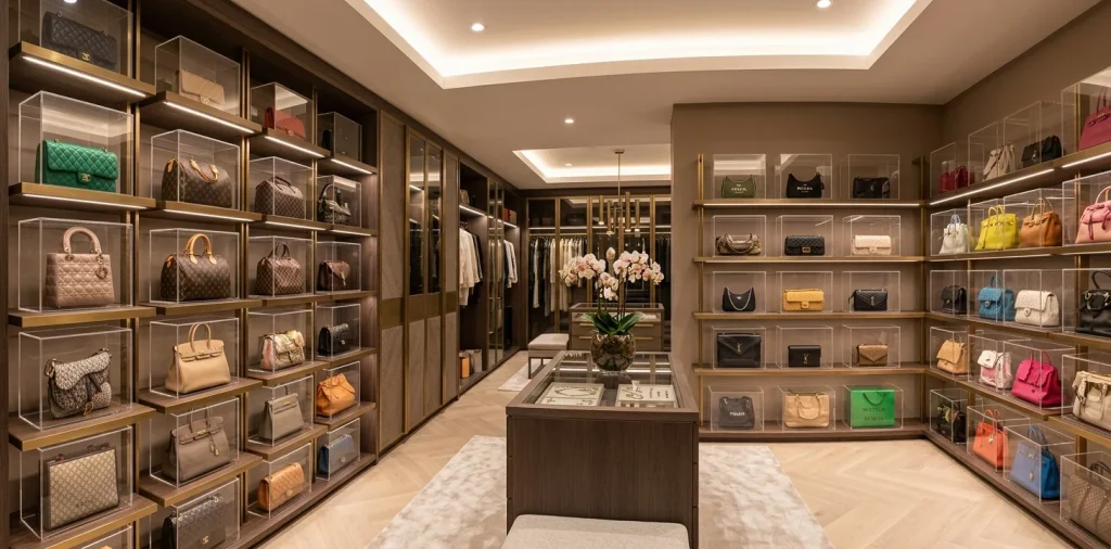 Luxurious walk-in closet featuring organized shelves with clear acrylic handbag display cases under warm lighting.