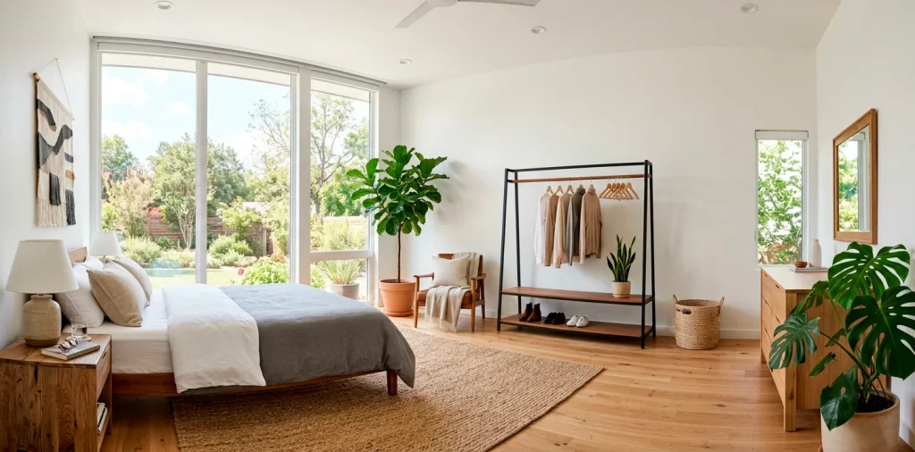 Minimalist open-concept wardrobe featuring a matte black and wood freestanding clothes rack in a bright modern bedroom.