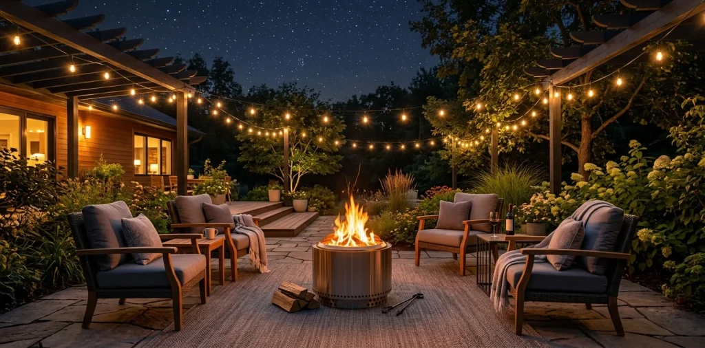 Cozy backyard setup featuring a modern portable fire pit glowing under the stars