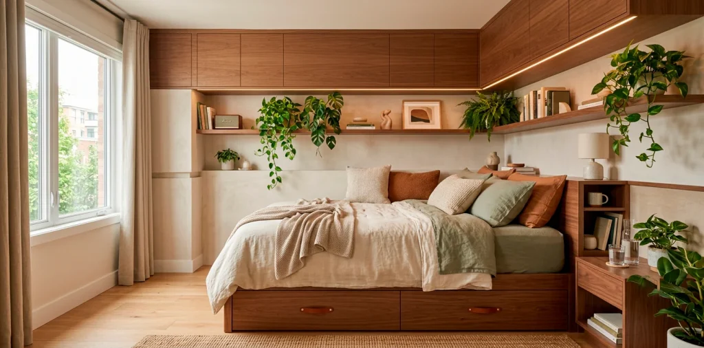 Cozy tiny bedroom featuring modern over-the-bed bridge cabinets and warm wood shelves with trailing plants.
