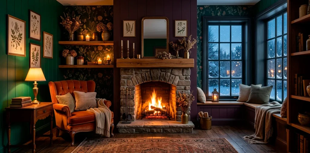 Moody dark cottagecore living room with emerald walls, velvet armchair, stone fireplace, and winter window views.