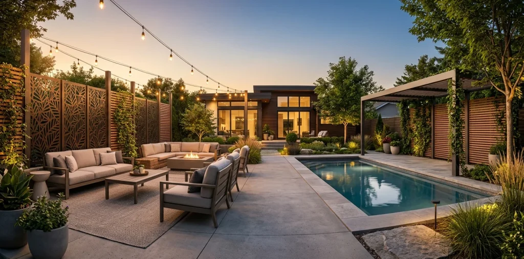 A beautifully designed backyard sanctuary featuring various decorative privacy screens and cozy patio seating.