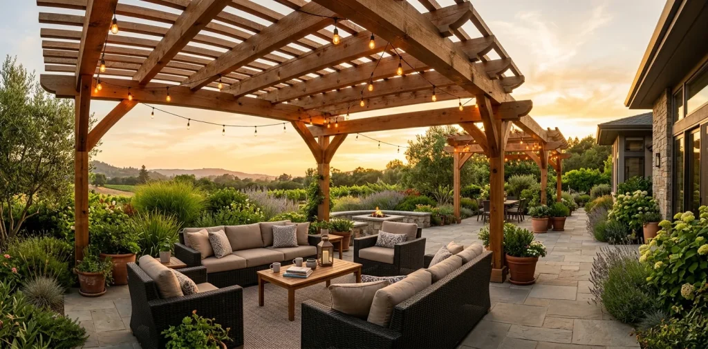Beautifully assembled cedar pergola over a modern outdoor patio at sunset