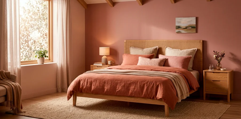 Cozy bedroom with dusty rose walls and terracotta bedding bathed in warm sunlight.