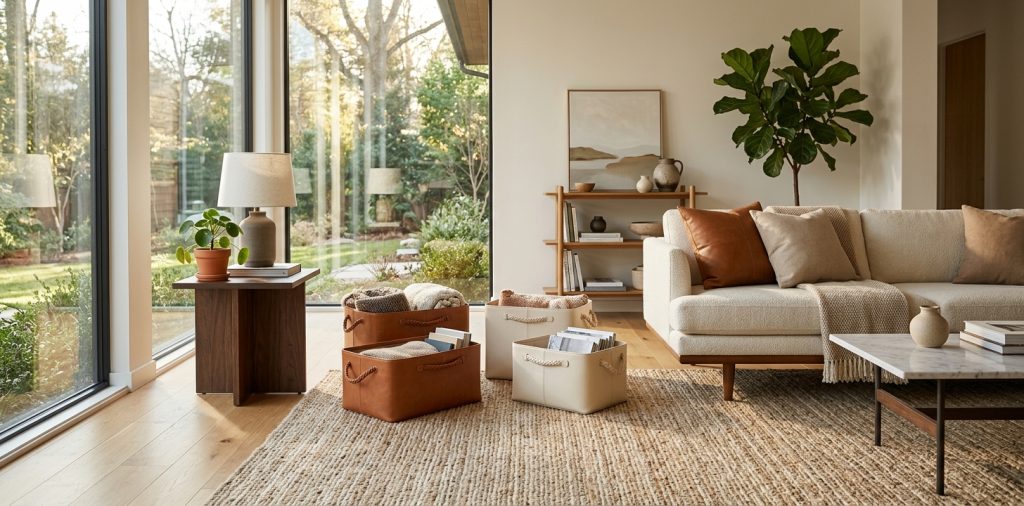 Beautiful living room featuring elegant cognac faux leather storage baskets sitting on a textured rug