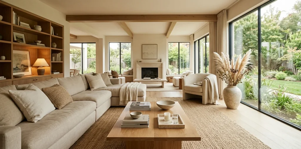 Timeless living room featuring neutral home decor accents like linen pillows, a jute rug, and oversized ceramic vases.