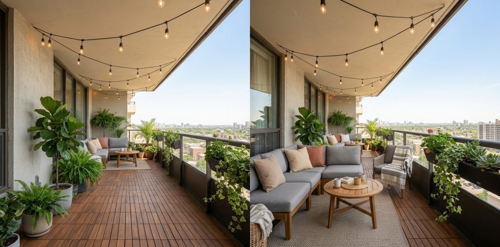 Beautiful apartment balcony featuring renter-friendly wooden deck tiles covering a concrete floor.