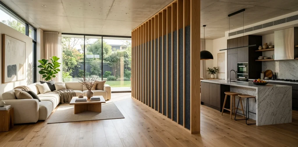 Modern open concept living space featuring a sound-absorbing slatted wood room divider separating the lounge and kitchen