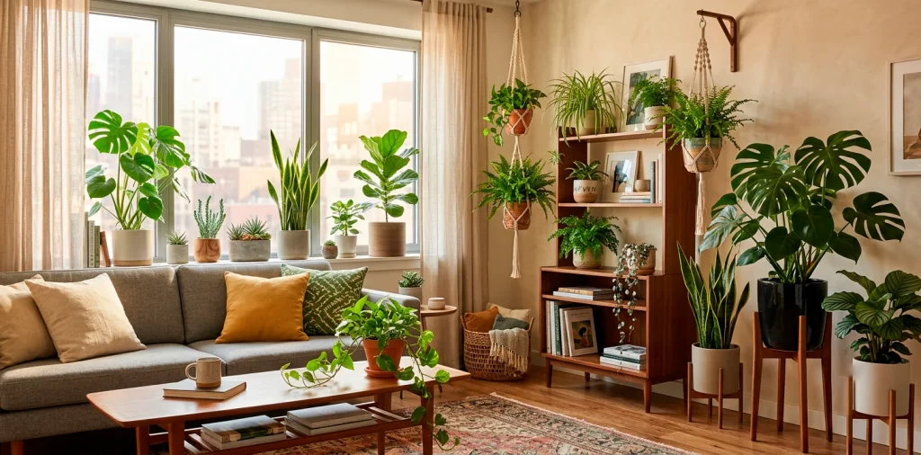 Stylish indoor planters decorating a sunny modern apartment living room