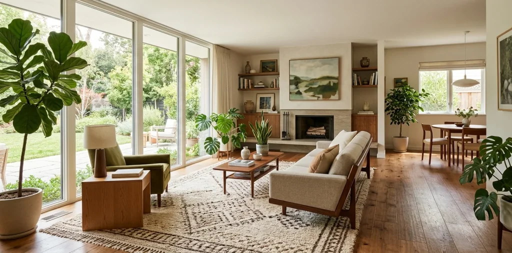 Beautifully styled modern living room featuring a trendy textured area rug under a mid-century sofa