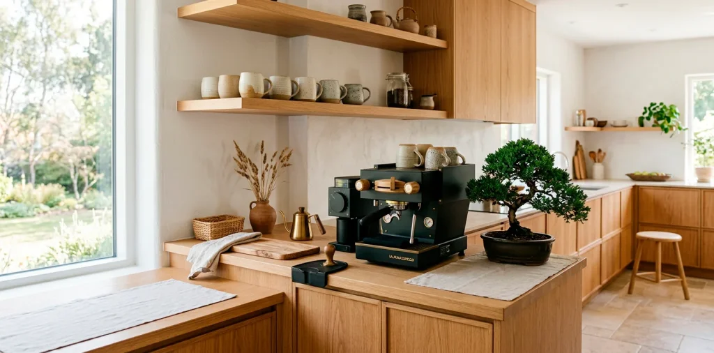 A minimalist Japandi coffee bar with warm wood shelves, matte black espresso maker, and handmade ceramic mugs.