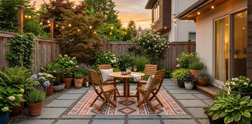 Cozy small backyard featuring a compact wooden dining set and string lights