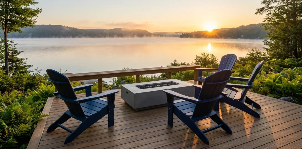 Three navy blue ergonomic Adirondack chairs on a modern deck overlooking a lake at sunrise.