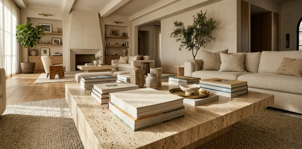 Luxurious living room coffee table styled with stacked high-end design books