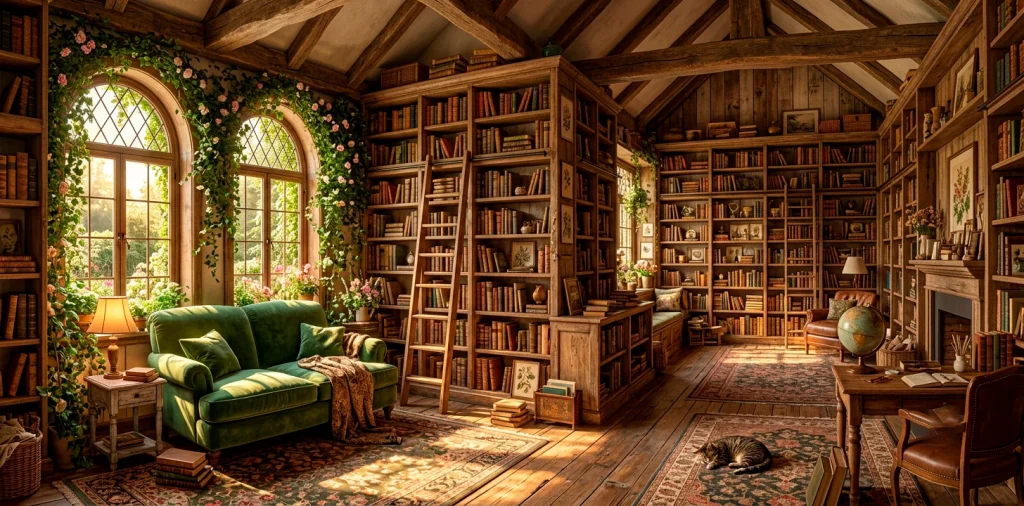 Warm golden hour sunlight filtering into a cozy cottagecore home library with rustic wooden bookshelves and an overstuffed velvet armchair