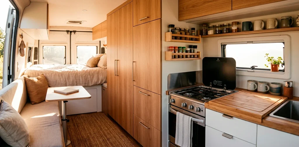 Beautiful camper van interior featuring tall wooden cabinets maximizing vertical space in a tiny home setup.