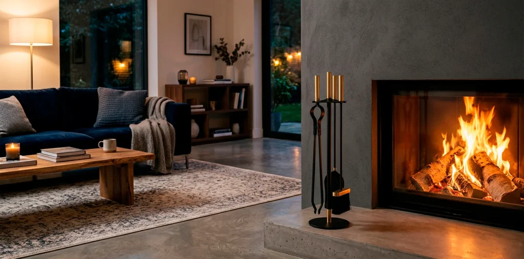 Sleek modern fireplace tools in a cozy, contemporary living room setting.
