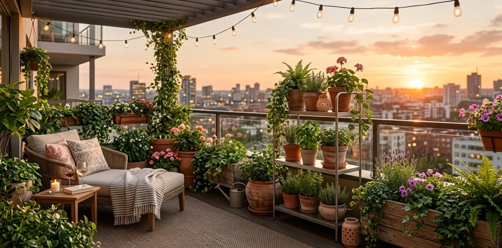 Beautiful modern balcony featuring vertical garden planters and lush trailing vines at sunset