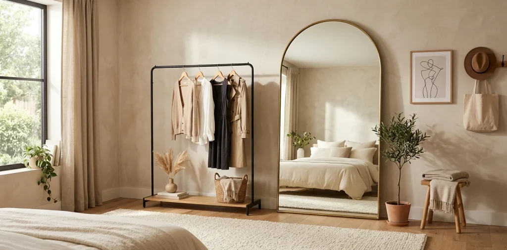 Wide view of a beautiful outfit check corner featuring a large arched floor mirror and minimalist decor.