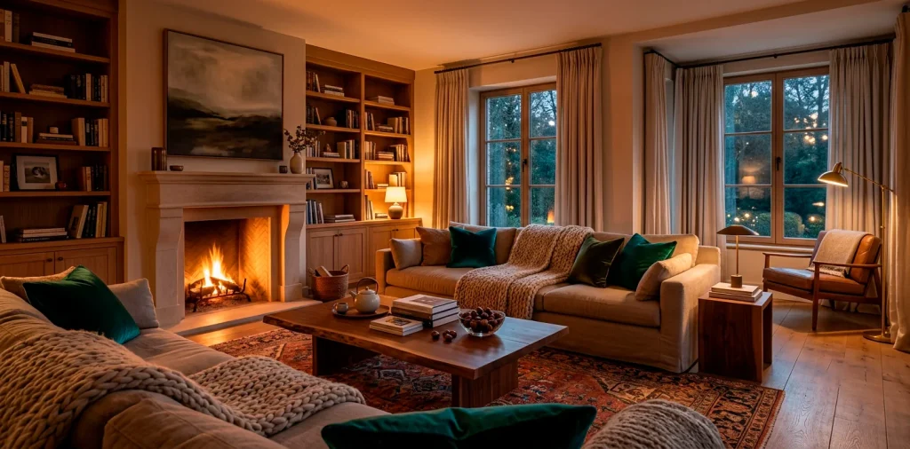 Cozy living room sofa layered with thick chunky wool throws and glossy mohair pillows in rich earthy tones.