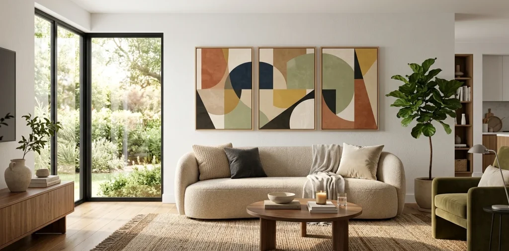 Beautiful modern living room featuring a stunning triptych of abstract geometric wall art over a beige sofa