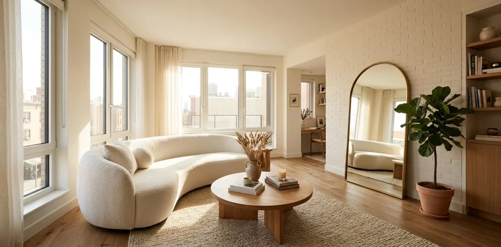 Curved white bouclé sofa and brass arched mirror in a bright modern small apartment living room
