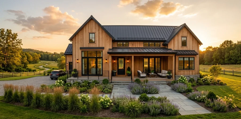 Modern farmhouse facade featuring cedar wood siding and matte black accents at sunset