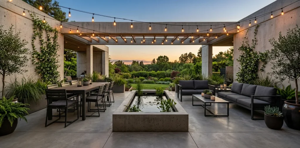 Wide view of a sleek concrete mini pond on an industrial chic patio with dark metal furniture.