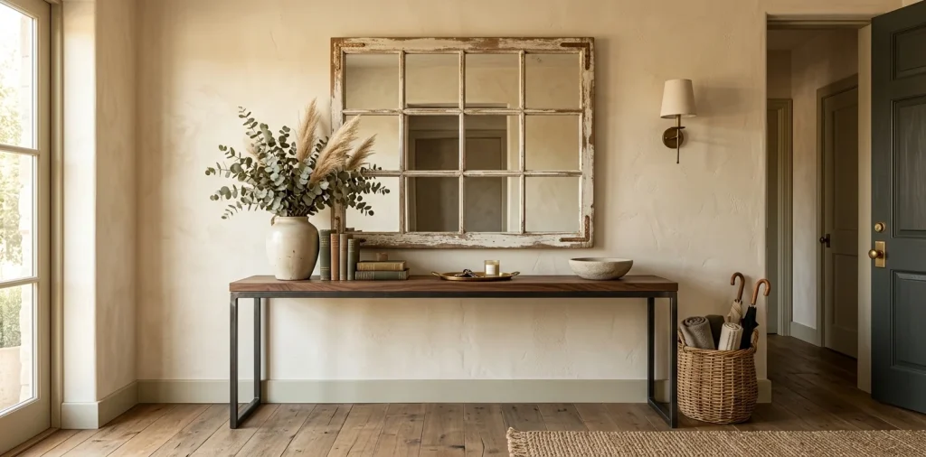 Weathered architectural salvage window used as rustic entryway decor over a console table