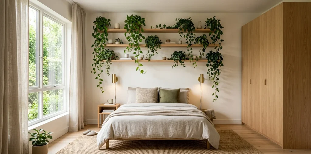 Small modern bedroom utilizing wall space with floating shelves, wall sconces, and tall storage units.
