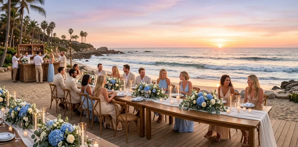 Coastal grandmother wedding reception table with blue hydrangeas, white linen, and ocean background at golden hour.