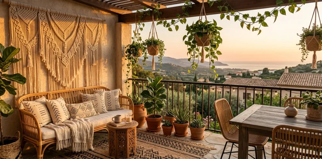 A cozy boho balcony featuring a rattan lounge chair and a large macrame wall hanging at sunset