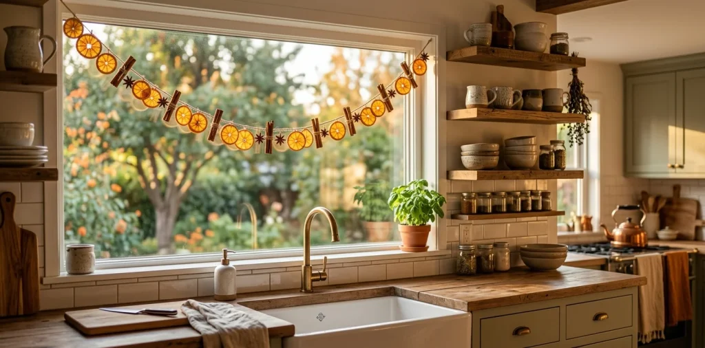Wide view of a cozy rustic kitchen window decorated with a gorgeous dried orange slice and cinnamon stick garland catching the golden sunlight.