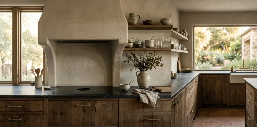 Beautiful organic wabi-sabi kitchen featuring a textured plaster range hood and warm earthy tones