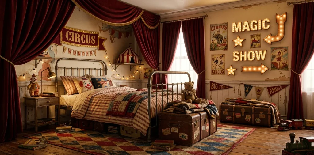 Cozy kid's bedroom decorated in a vintage circus theme with marquee lights and red velvet curtains