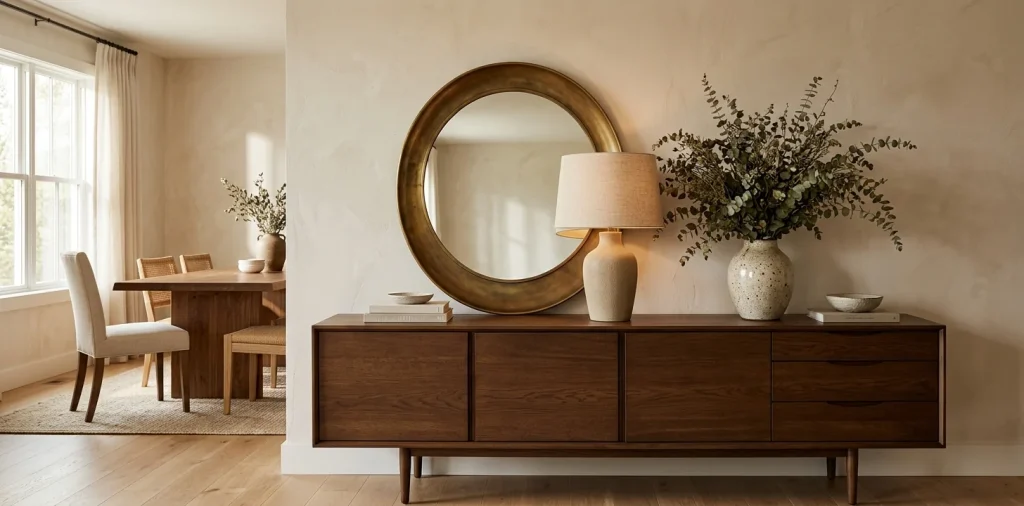 Beautifully styled wooden dining room credenza with a large mirror, ceramic lamp, and elegant home decor pieces.