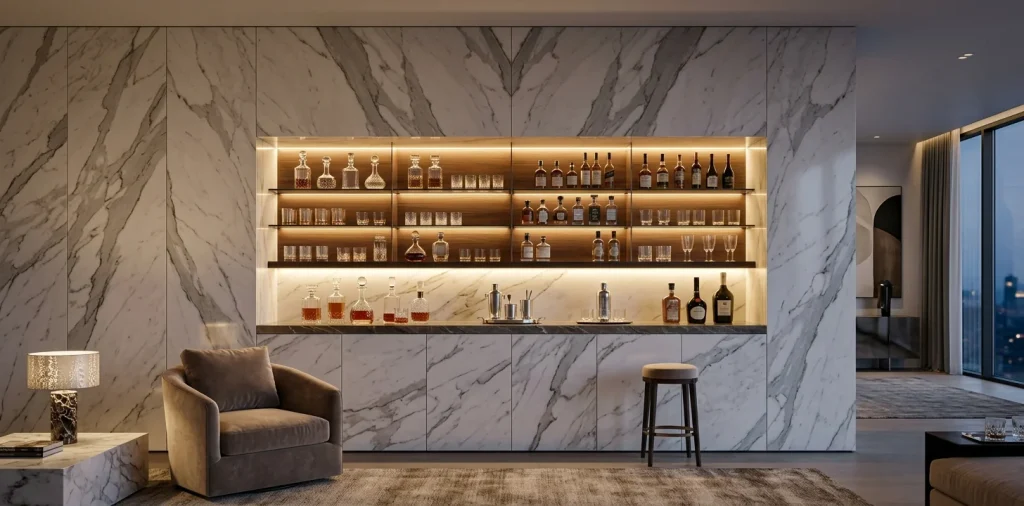 Ultra-luxury modern minimalist home bar seamlessly integrated into a marble living room wall with hidden lighting.