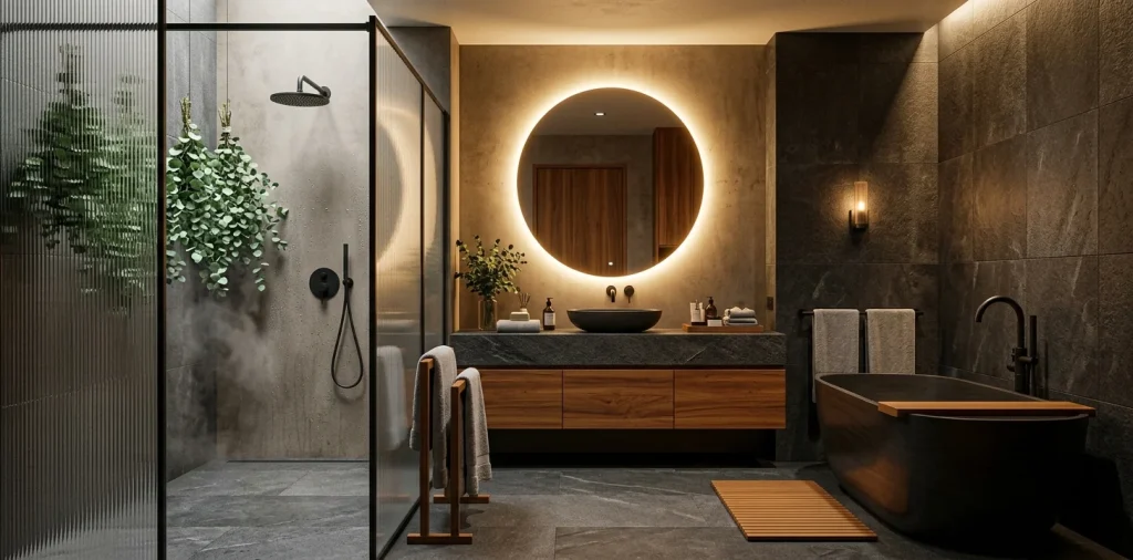 Luxurious windowless apartment bathroom with warm lighting and spa accessories