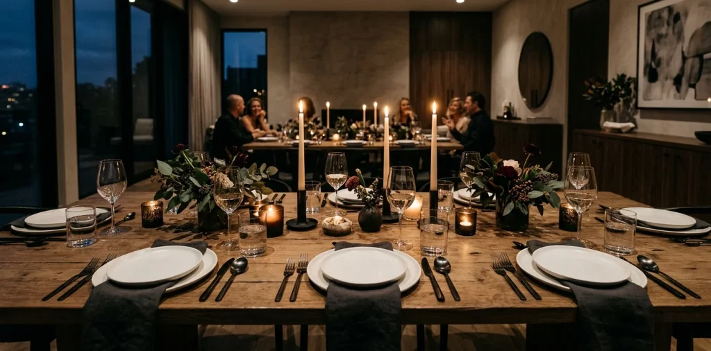 Modern dining table set with matte black silverware and white plates illuminated by soft candlelight.